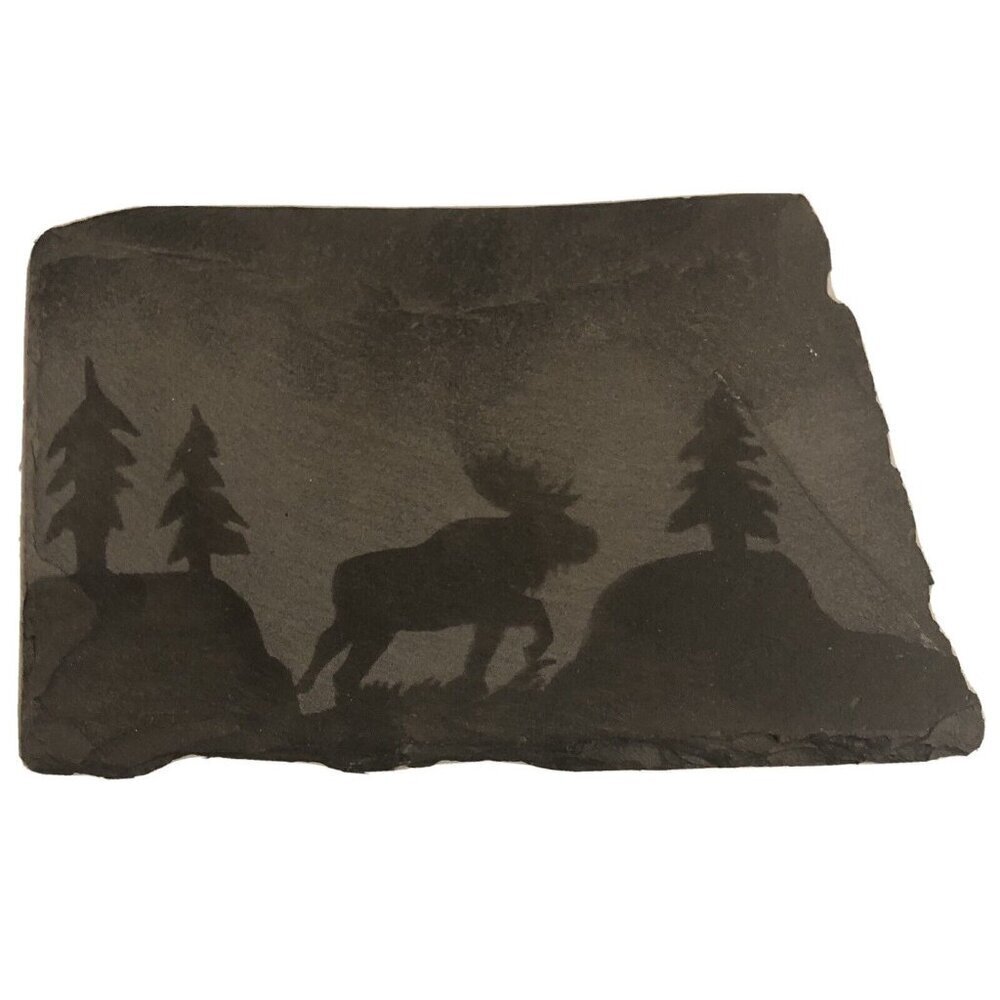 8"x5" Handcrafted Painted SLATE Silhouette Moose & Pine Trees Original Art OOAK